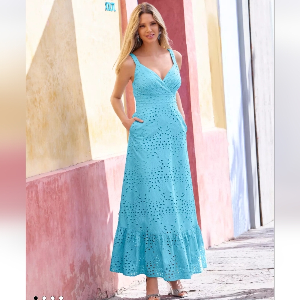 💙🩵 BOSTON PROPER EYELET SURPLICE ANKLE LENGTH BLUE TOPAZ MAXI DRESS 🩵💙